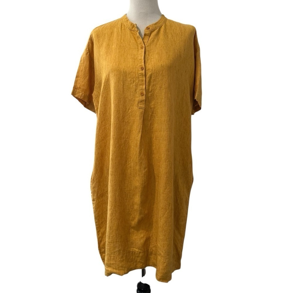 Eileen Fisher Mustard Yellow Button-Up organic linen short sleeve Dress - Picture 2 of 16